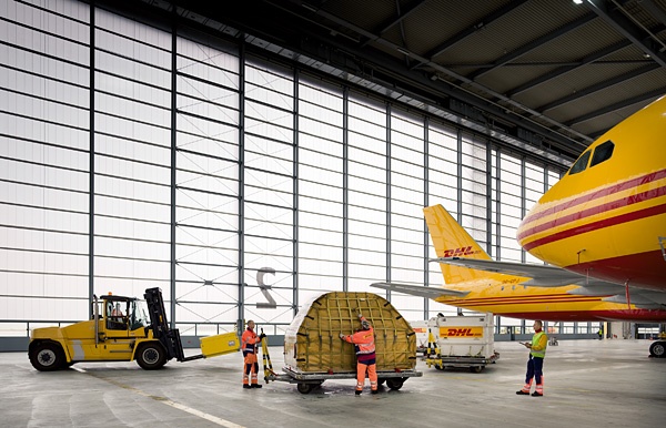 DHL airplane getting ready to execute air freight services.